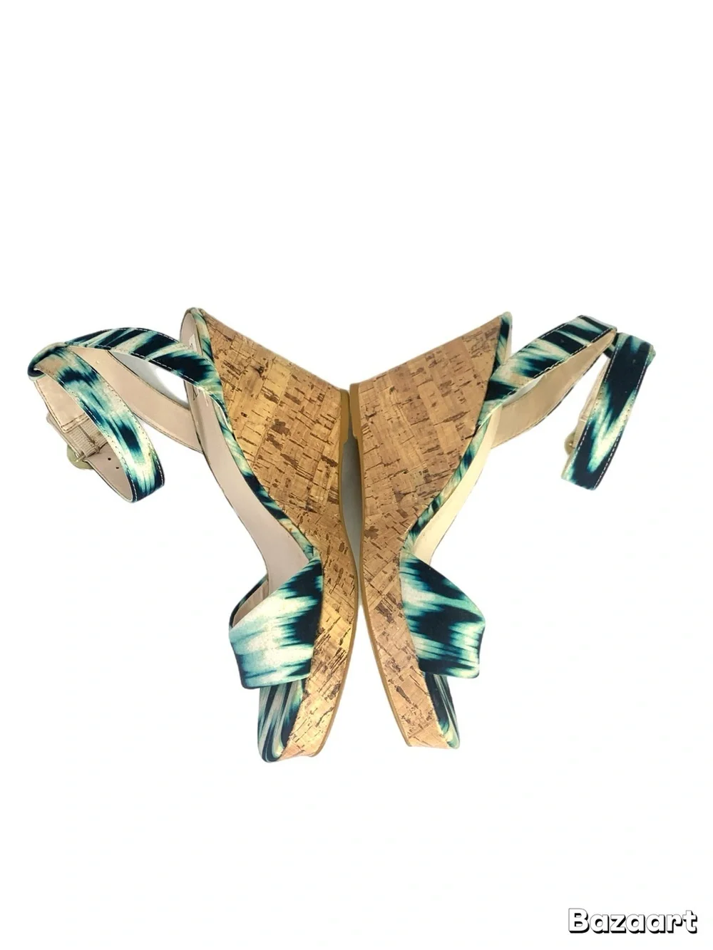 New York & Company Blue Green Abstract Print Cork Wedge Sandals Women’s Size 9
